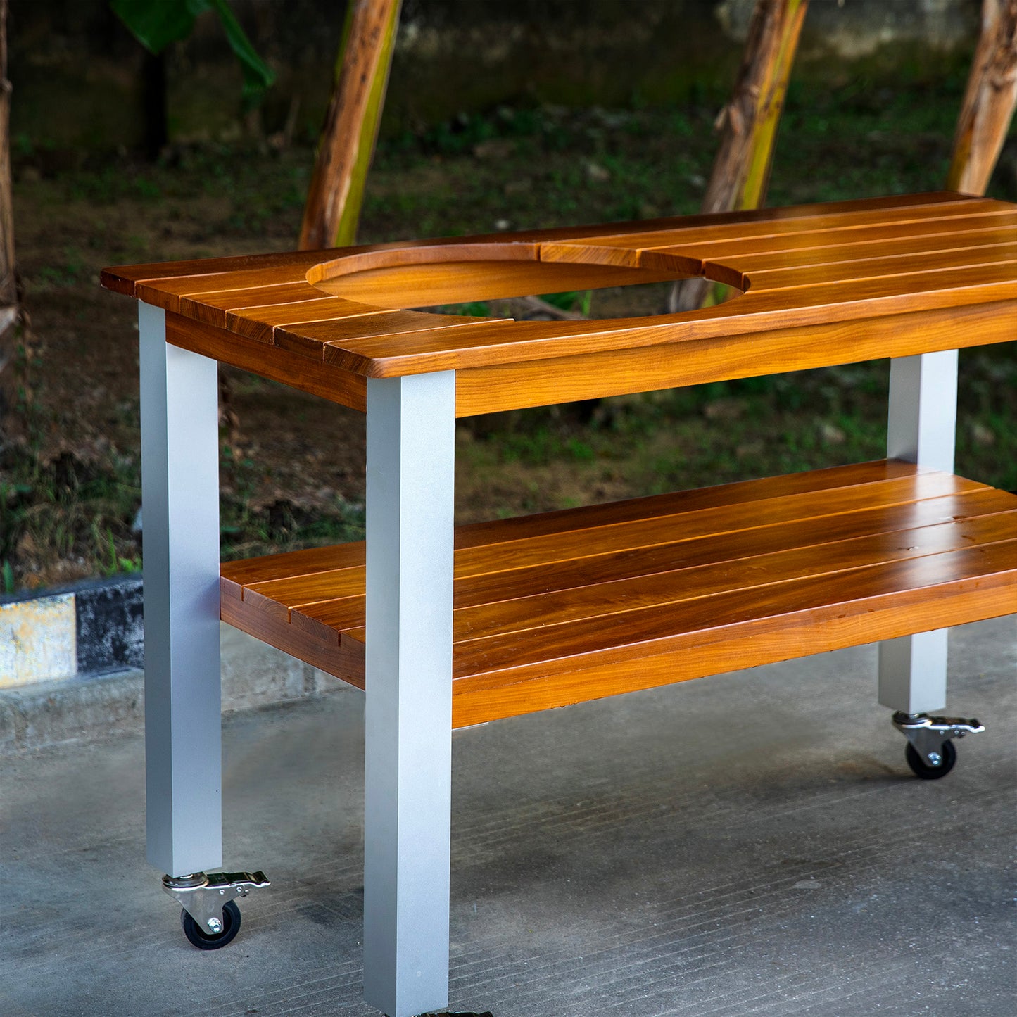 African Teak Table for Large Big Green Egg with Aluminum Legs