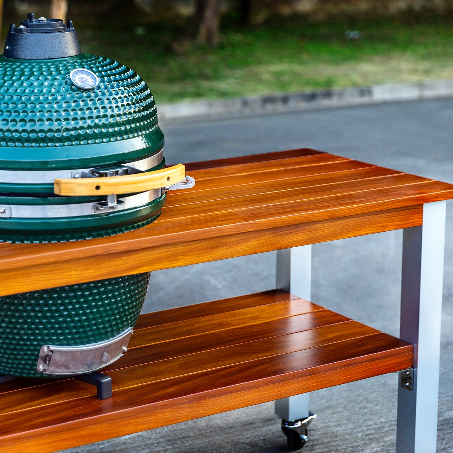 African Teak Table for Large Big Green Egg with Aluminum Legs