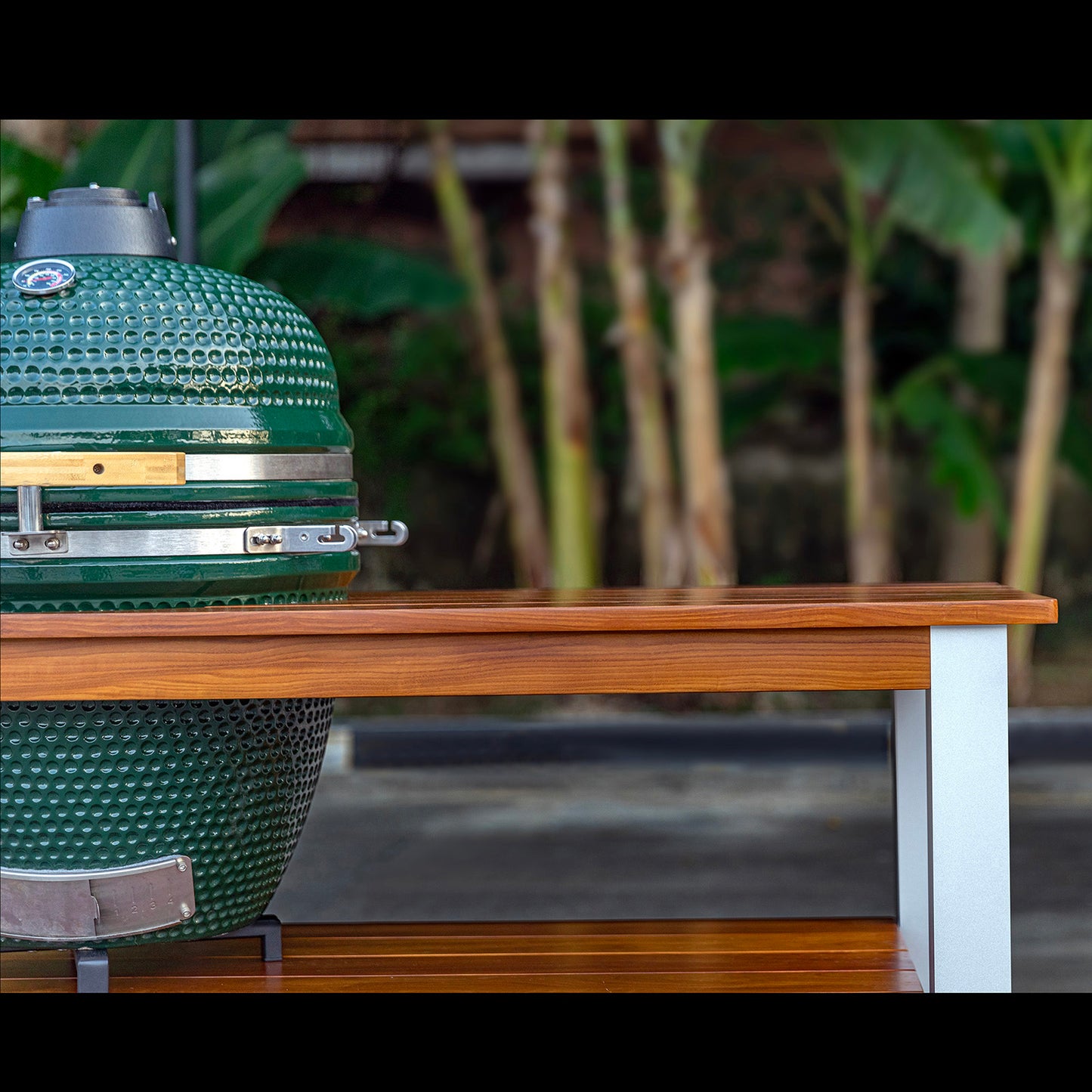 African Teak Table for Large Big Green Egg with Aluminum Legs