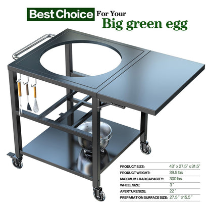 Big Green Egg Grill Cart Table with Foldable Side Table