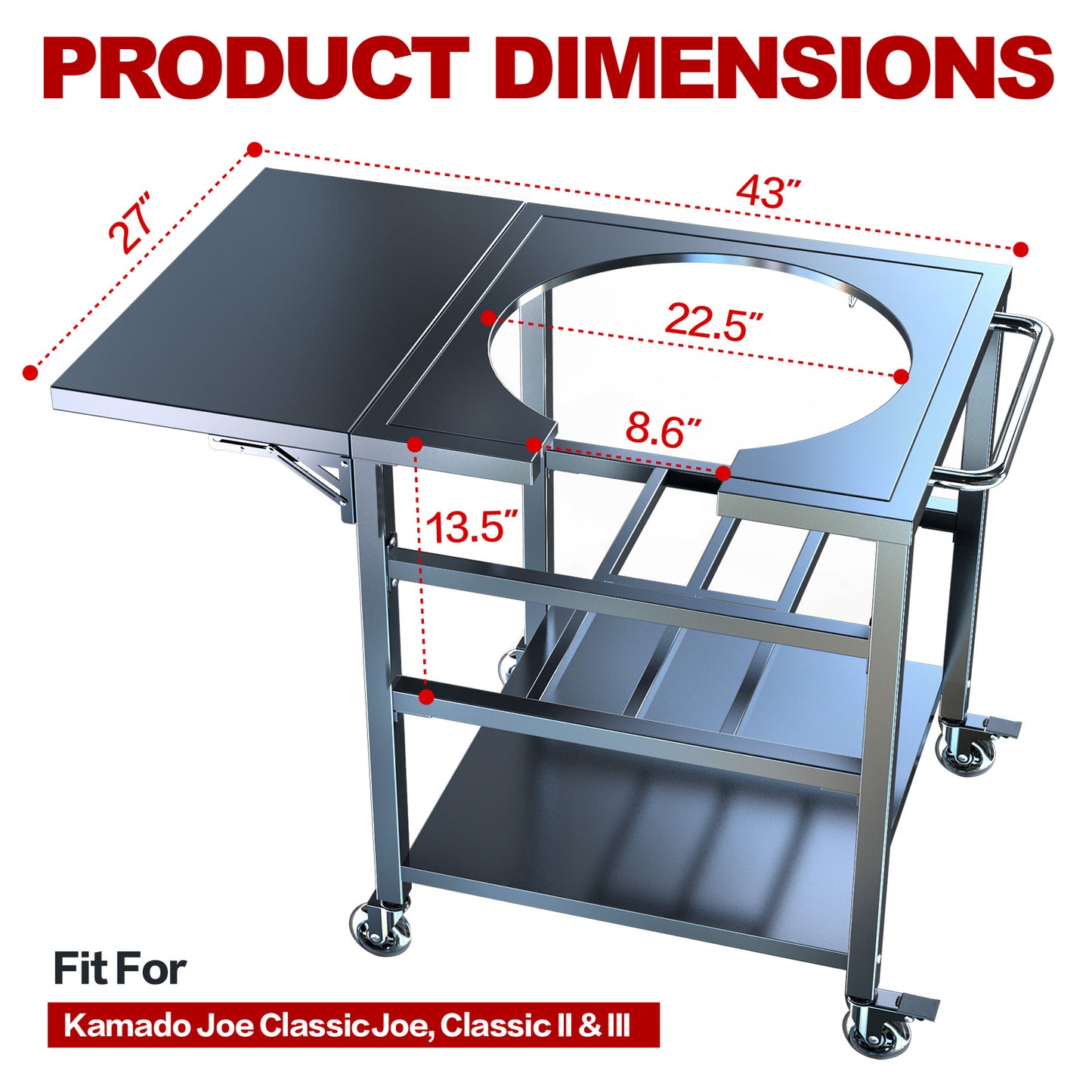 Grill Table Cart for Kamado Joe Classic with 3 inch Casters, Sturdy Side Table, Hooks